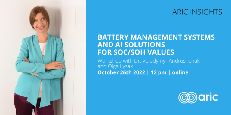 Veranstaltungsflyer für den Workshop Battery Mananagement Systems & AI Solutions for SOC/SOH Values mit einem Foto von Olga Lysak sowie den Eckdaten des Workshops, der am 26. Oktober stattfindet